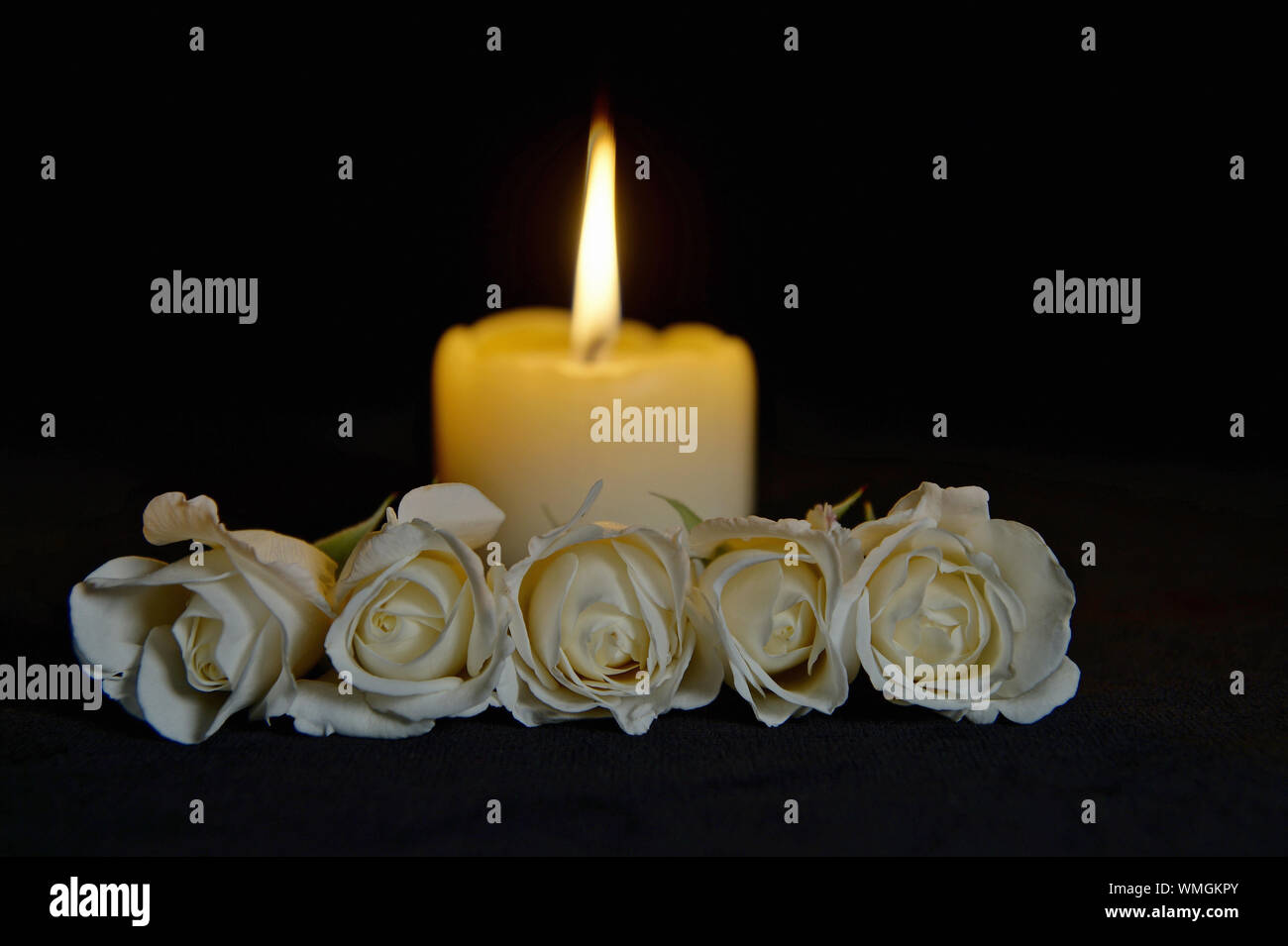 Schöne weisse Rosen mit einer brennenden Kerze auf dem dunklen Hintergrund.  Beerdigung Blumen und Kerzen auf dem Tisch auf schwarzem Hintergrund mit  kopieren Stockfotografie - Alamy