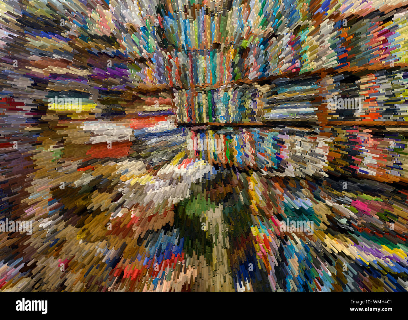 Innenraum von einem sehr gedrängten Antiquariat digital abstrahiert. Stockfoto