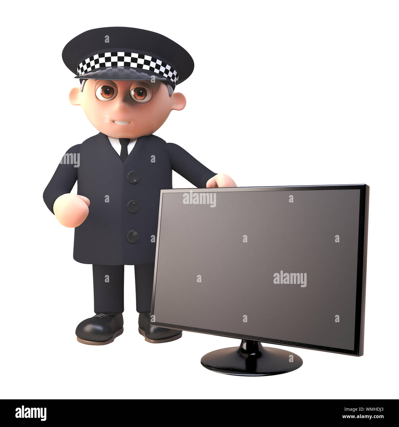 3d cartoon Polizist Charakter in Uniform stehend durch ein Breitbild-Flachbildschirm-TV-Monitor, 3D-Grafik rendern Stockfoto