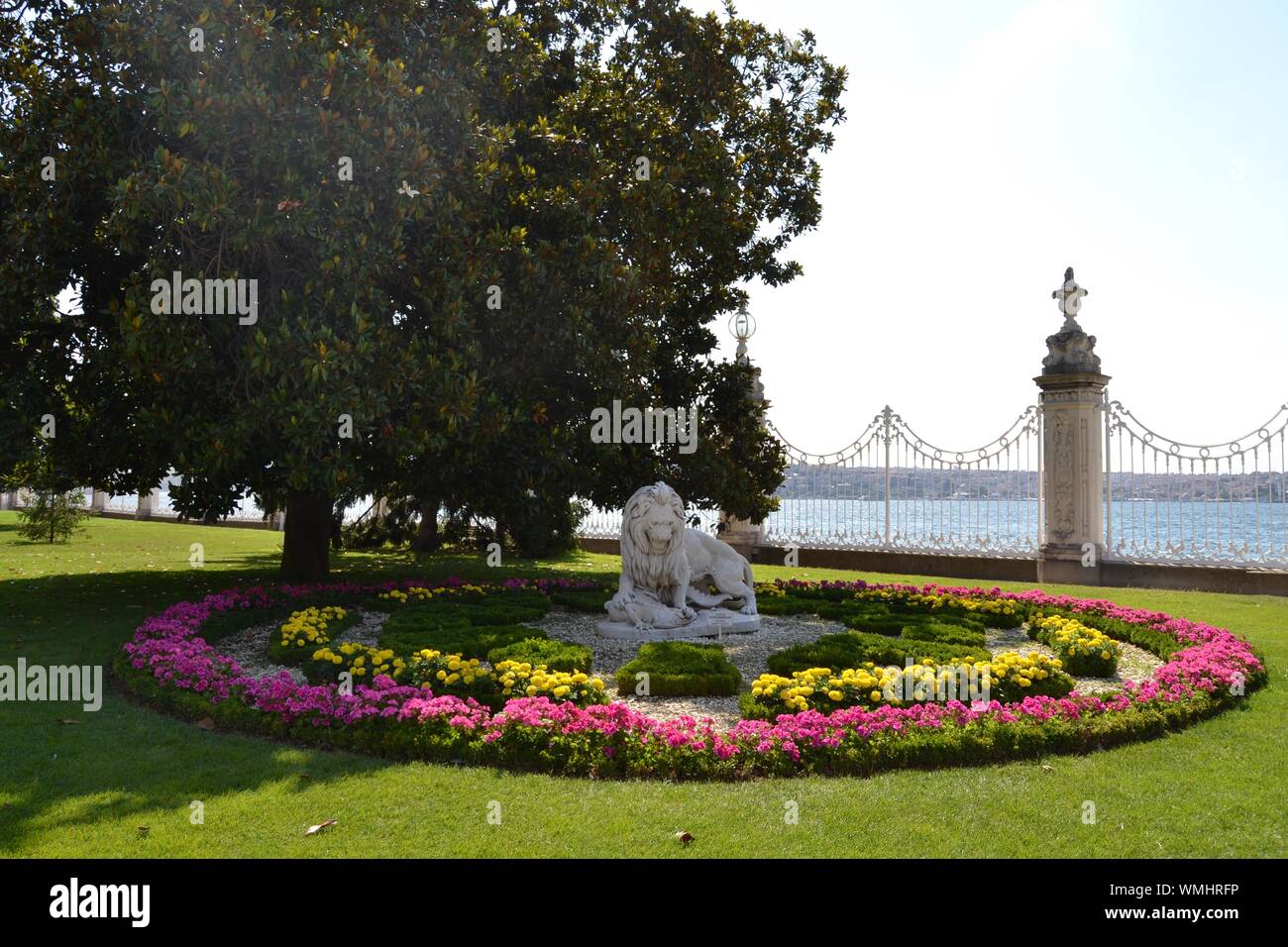 Blumen & Lion Statue Stockfoto