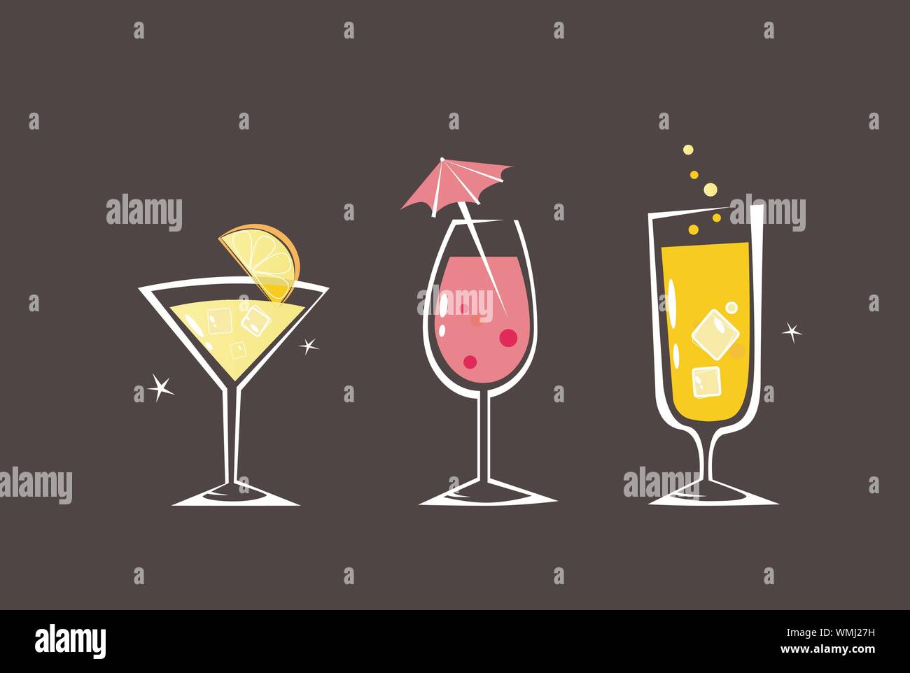 Retro-Getränke Sammlung isoliert auf schwarzem Hintergrund - Vektor Stock Vektor