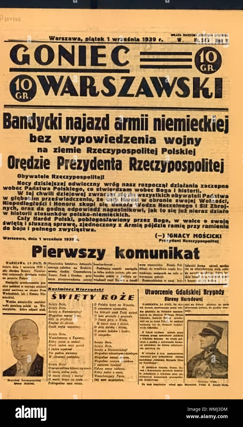 Startseite Nachrichten in der polnischen Zeitung kündigt Angriff der deutschen Truppen in 01.09.1939 Stockfoto