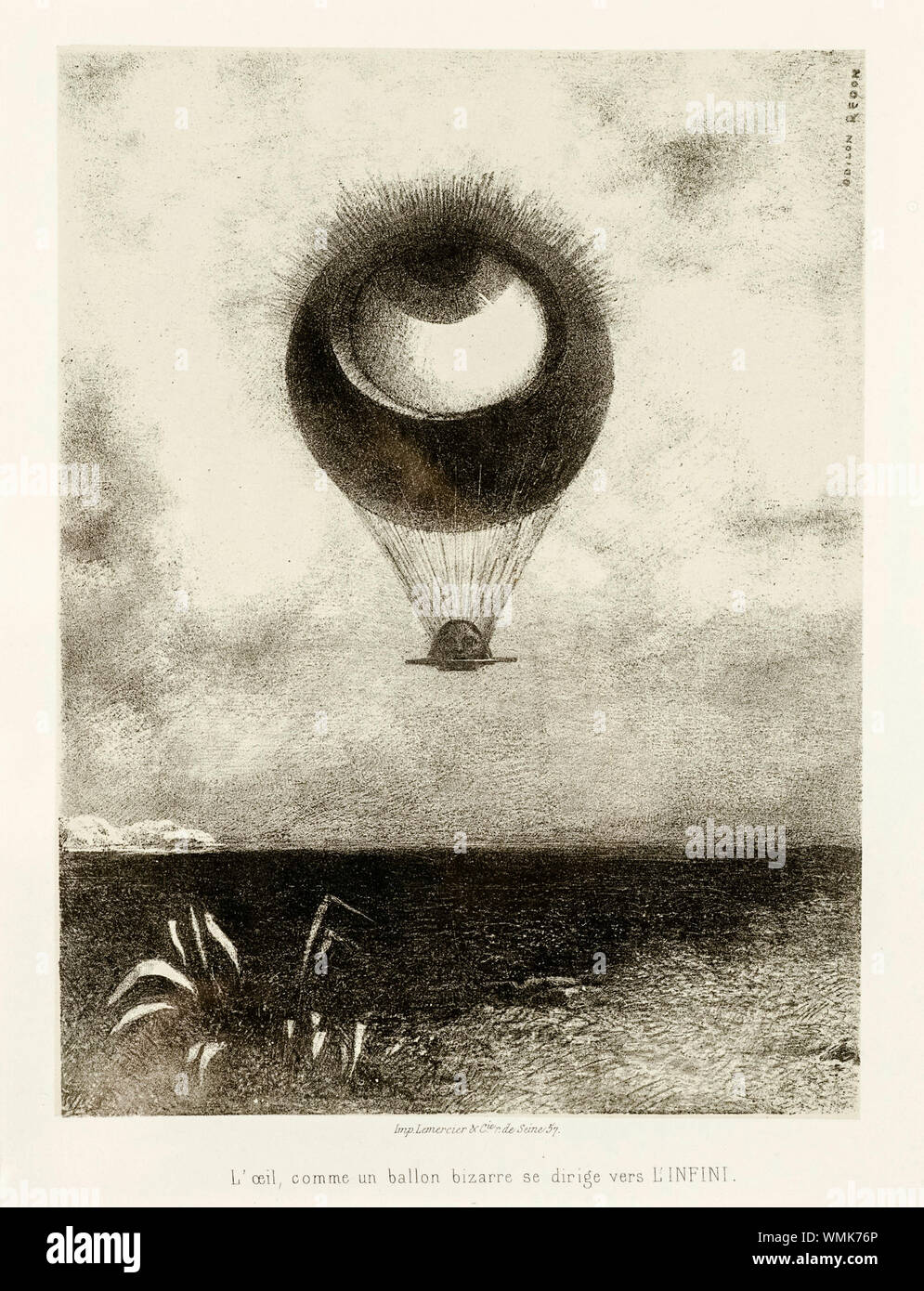 Odilon Redon, Augenballon, an Edgar Poe: (Das Auge wie ein seltsamer Ballon ragt in die Unendlichkeit), lithographischer Druck, um 1882 Stockfoto