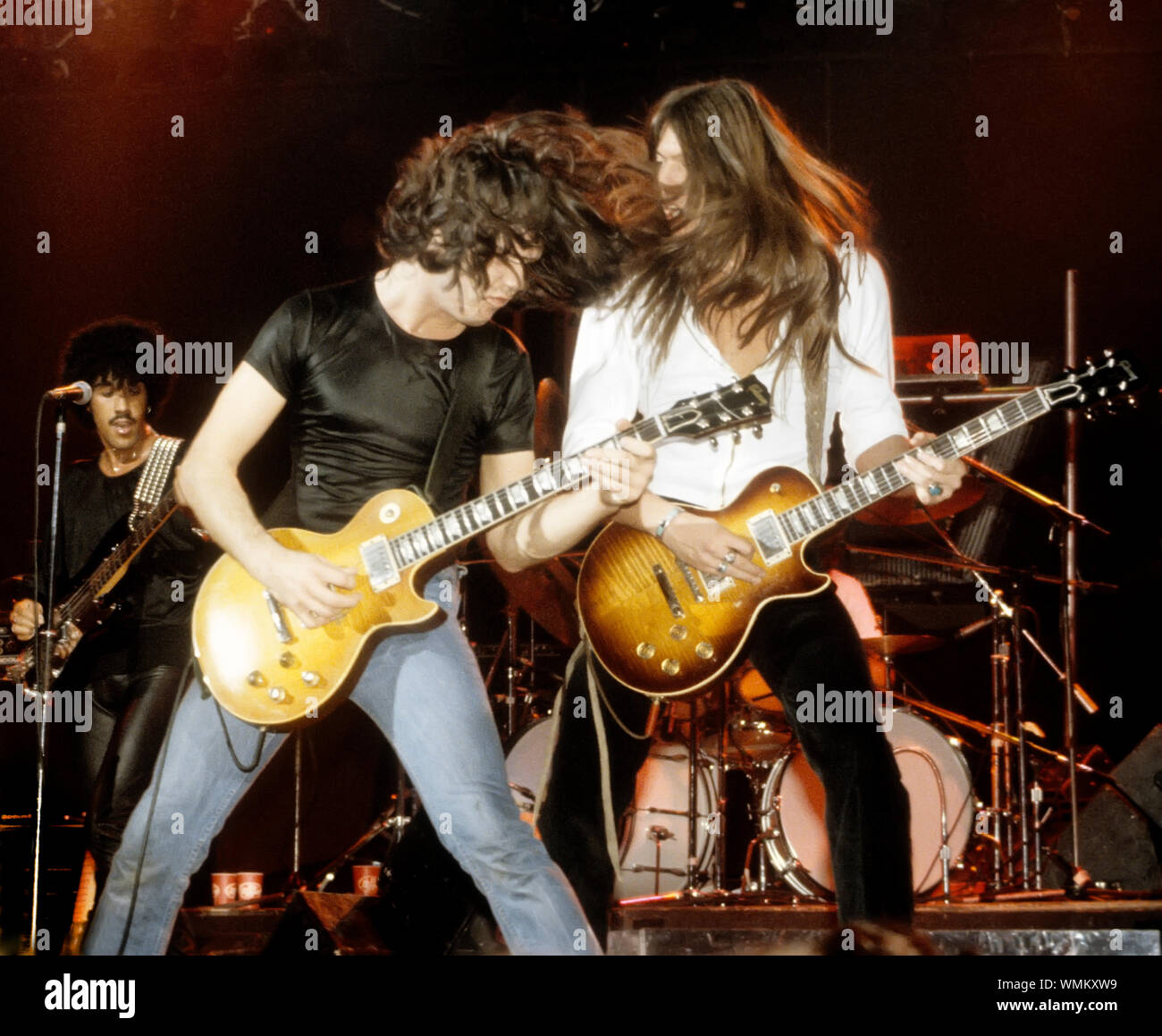 Phil Lynott, Gary Moore und Scott Gorham von Thin Lizzy auf der Bühne im Palladium in New York im September, 1978 Stockfoto