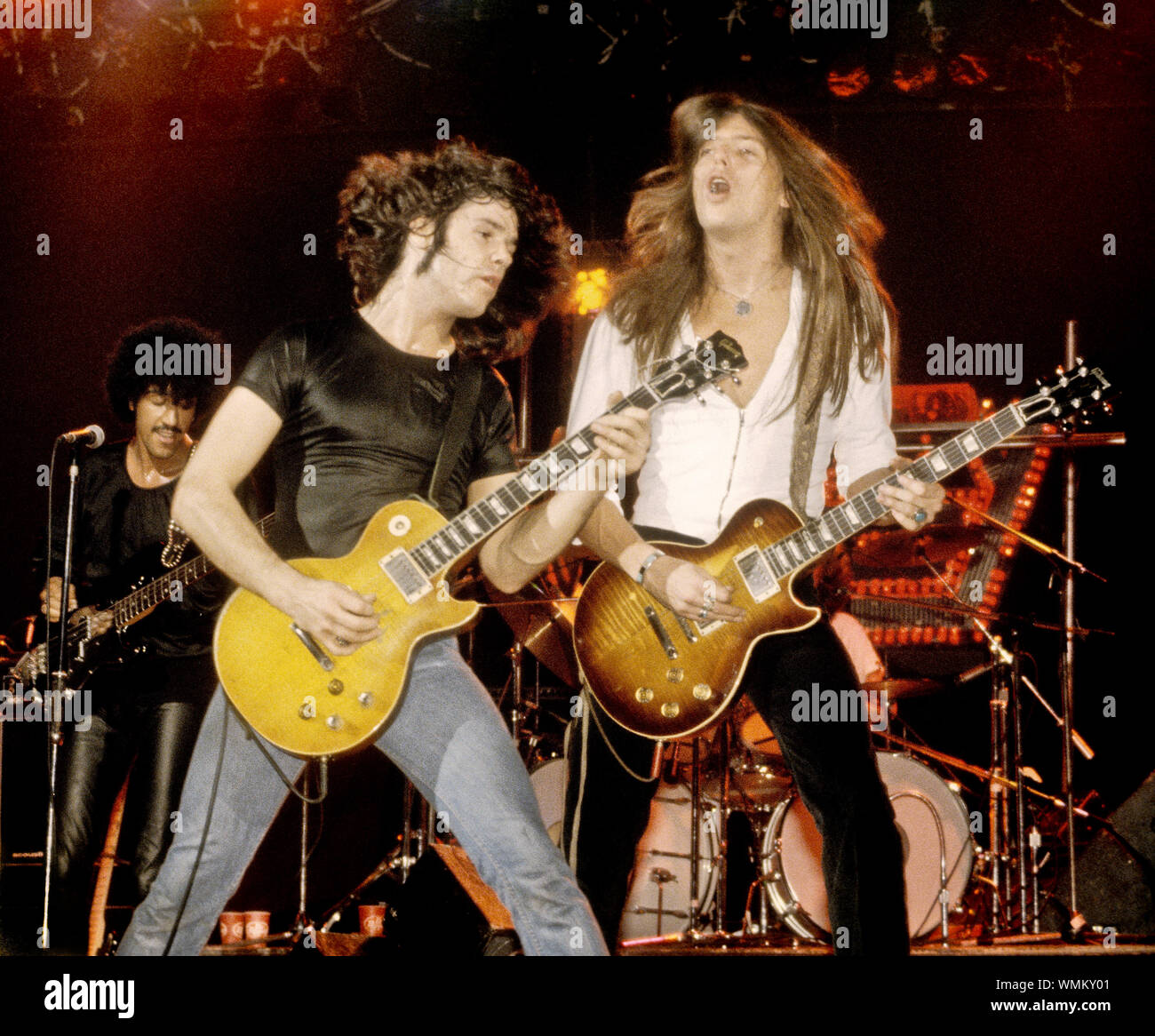 Phil Lynott, Gary Moore und Scott Gorham von Thin Lizzy auf der Bühne im Palladium in New York im September, 1978 Stockfoto