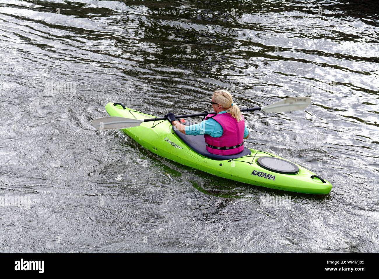 Erhöhte Sicht eines weiblichen Kanufahrer auf der Themse Shepperton, Surrey, England, Großbritannien Stockfoto