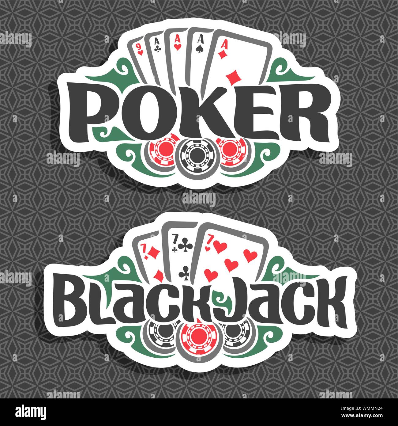 Vektor logo für Poker und Black Jack: Karten der vier von Art-aces für Glücksspiel Poker, Chips für Casino, Karte Kombination von Sevens. Stock Vektor