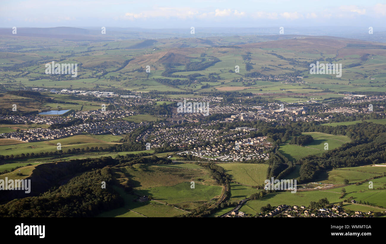 Luftaufnahme von Skipton, einer Stadt, die in den Yorkshire Dales, Großbritannien Stockfoto