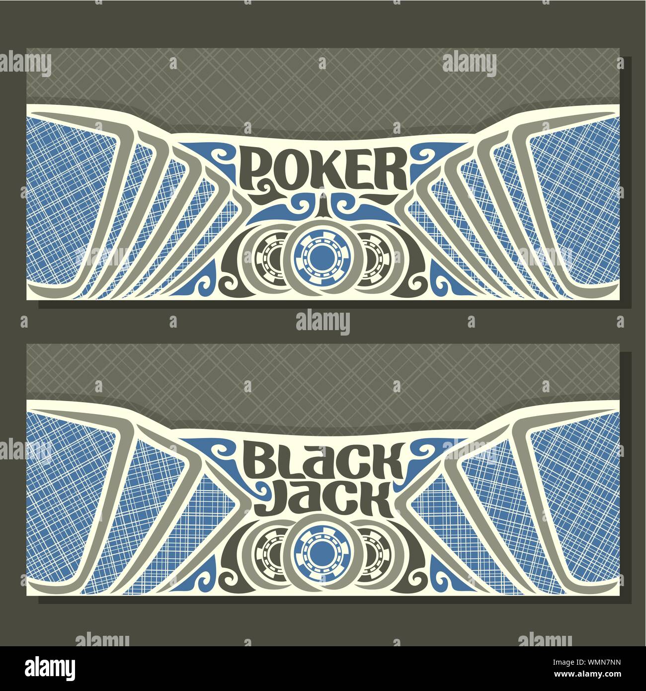 Vektor horizontale Banner für Black Jack und Poker: Spielkarten mit blauen Linien zurück für Glücksspiel Spiel Blackjack, Casino Chips und Karten auf Grau textu Stock Vektor