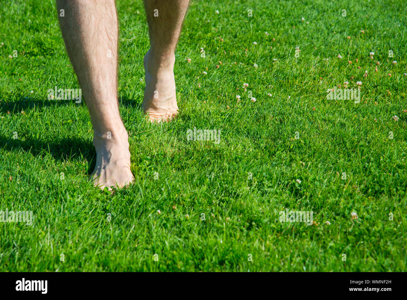Barfuß Mann auf dem Rasen. Stockfoto
