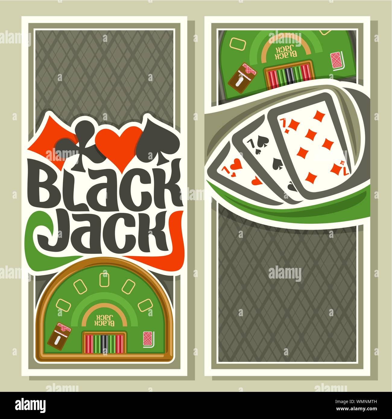 Vektor vertikale Banner für Black Jack: Kombination von Hand sevens der Karten für das Spiel auf der grünen Black Jack Tisch. Stock Vektor