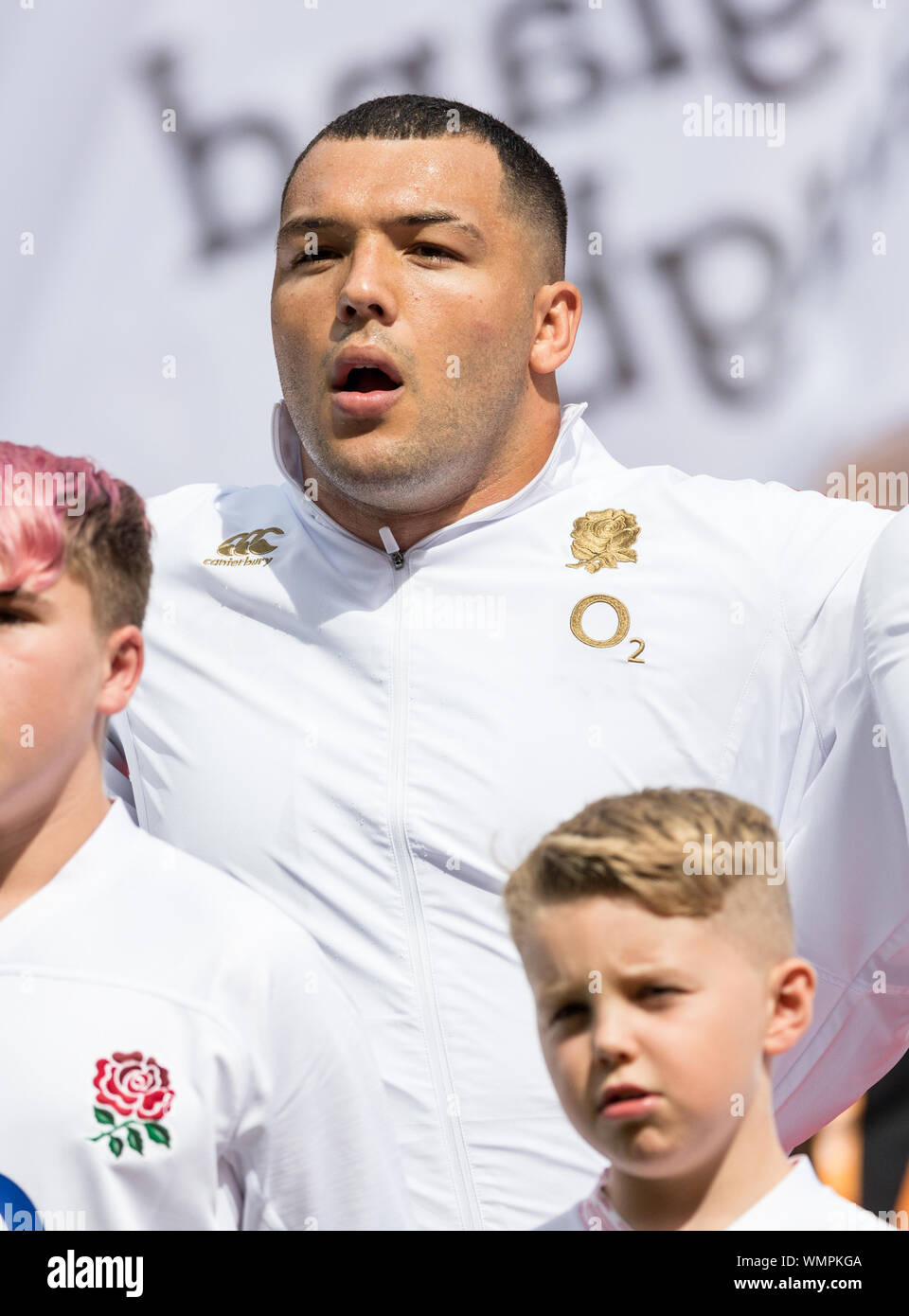 Ellis Genge von England während der Quilter internationalen Rugby Union Übereinstimmung zwischen England und Wales in Twickenham Stadium in London am 1. tth August 201 Stockfoto