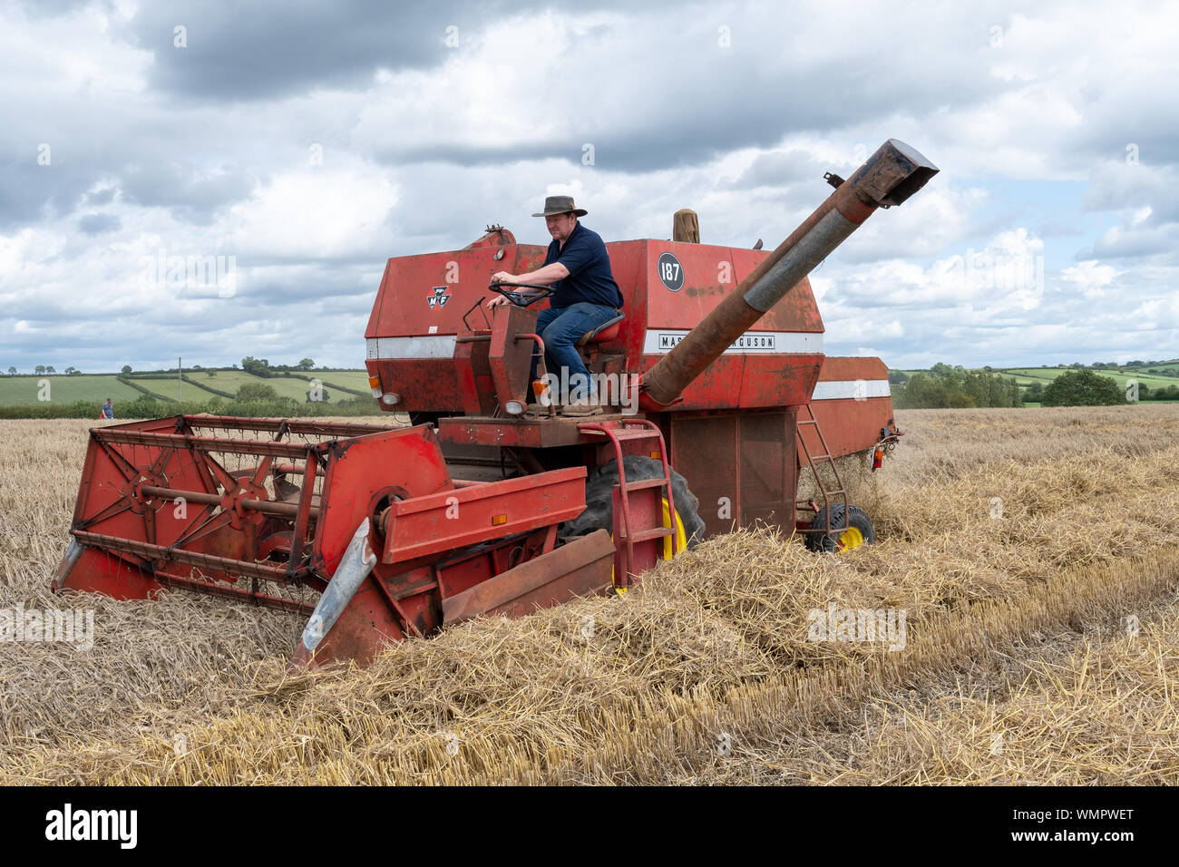 Haselbury Plucknet. Somerset. Vereinigtes Königreich. 18. August 2019. Ein vintage Mähdrescher Ernten von Weizen in einem gestern Landwirtschaft Veranstaltung Stockfoto