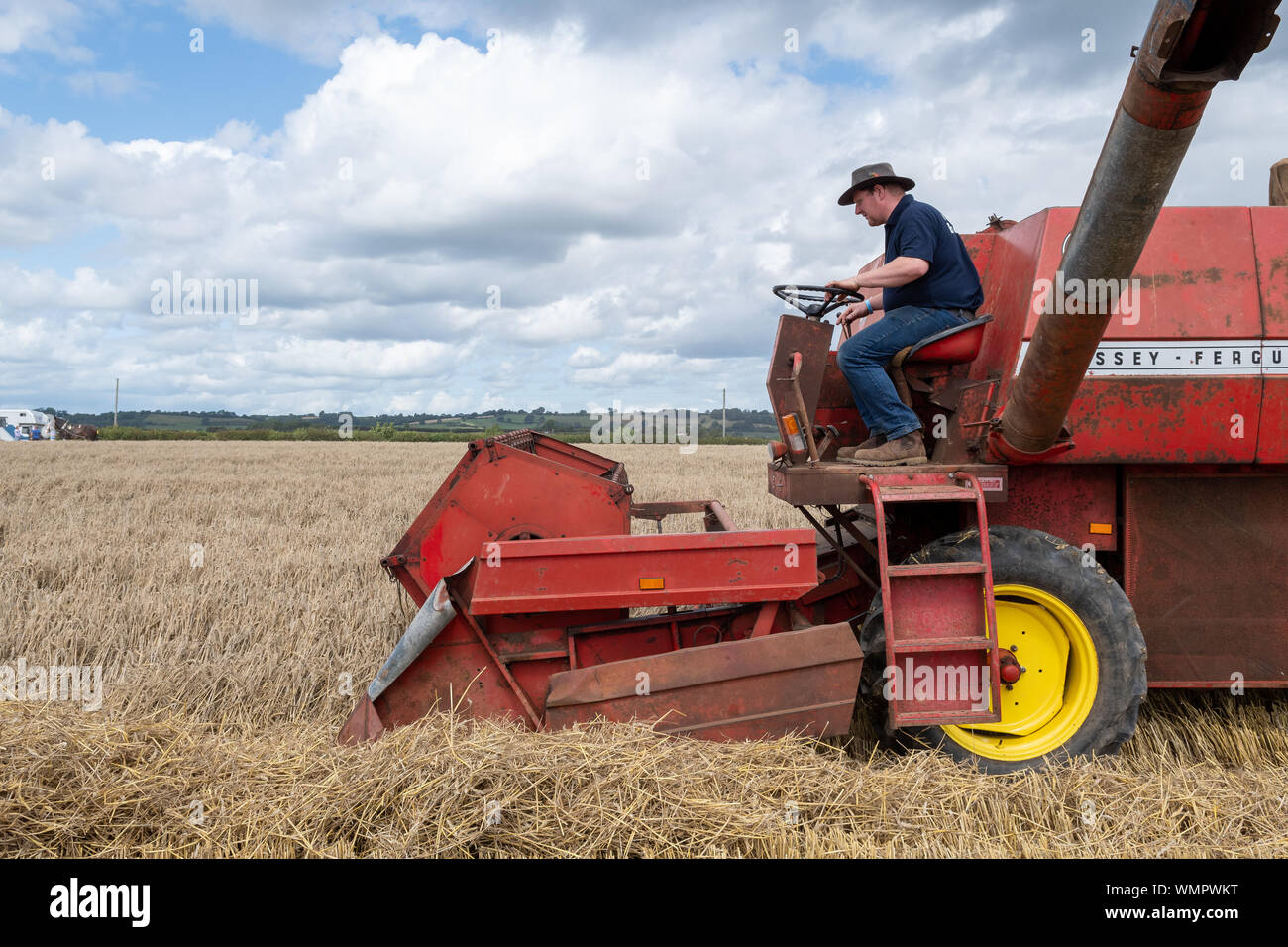 Haselbury Plucknet. Somerset. Vereinigtes Königreich. 18. August 2019. Ein vintage Mähdrescher Ernten von Weizen in einem gestern Landwirtschaft Veranstaltung Stockfoto