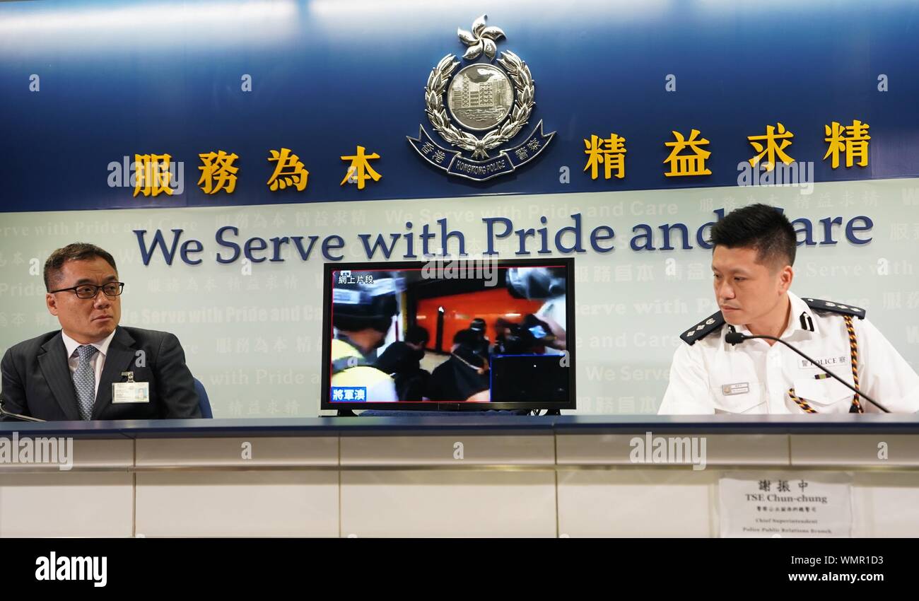 Hong Kong. 5. Sep 2019. Hong Kong Polizei zeigt Aufnahmen der Randalierer beschädigen MTR Station Einrichtungen während einer Pressekonferenz in der South China Hongkong, Sept. 5, 2019. Die hongkonger Polizei sagte, vier Männer Mittwoch festgenommen wurden, die Zahl der Verhafteten seit Juni 9 bis 1.187. Credit: Qin Qing/Xinhua/Alamy leben Nachrichten Stockfoto