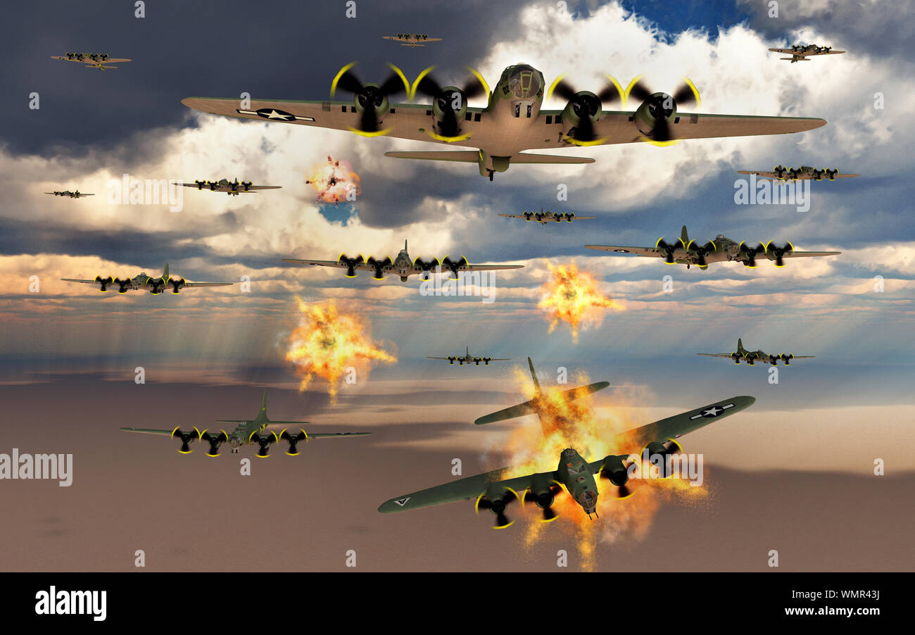 B17 Bomber Fliegen durch Flak Stockfoto