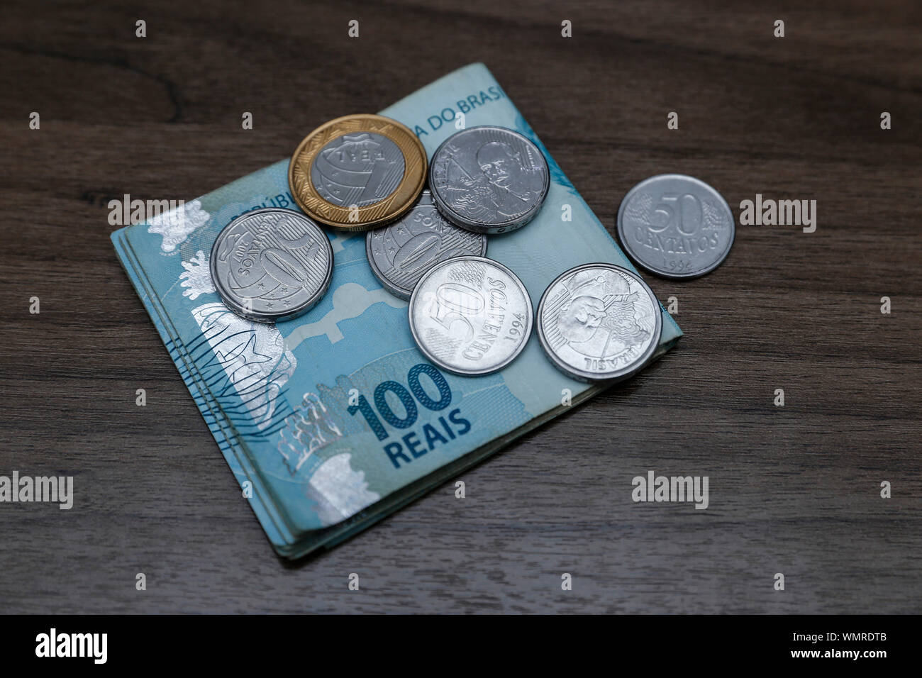 Geld aus Brasilien, Noten von Real, Brasilien BRL Banknote, die brasilianische Währung, Wirtschaft und Unternehmen. Stockfoto