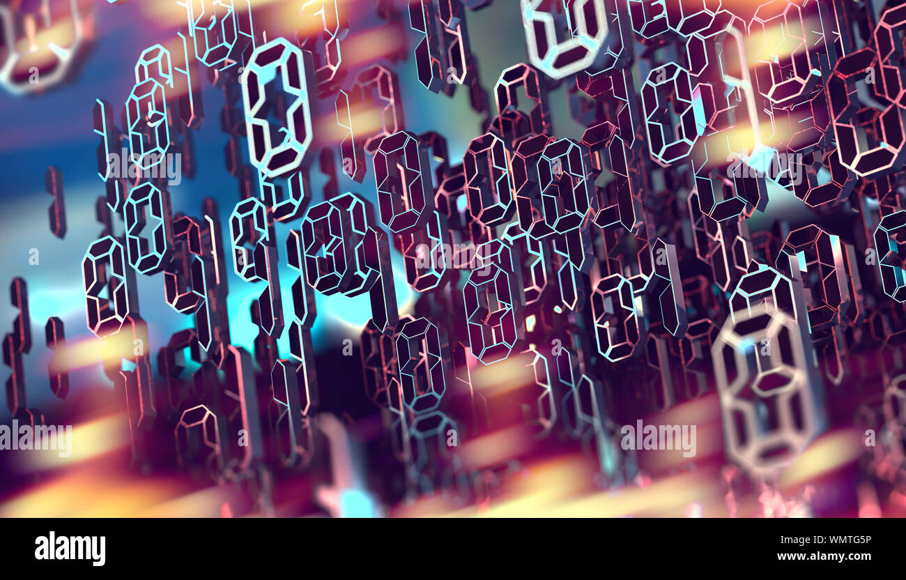 Binärer Code und Maschinendaten im Bildschirm.Technologie und Computing.Abstrakter 3d Hintergrund, Binärsprache und virtuelles Matrix-Konzept. Stockfoto