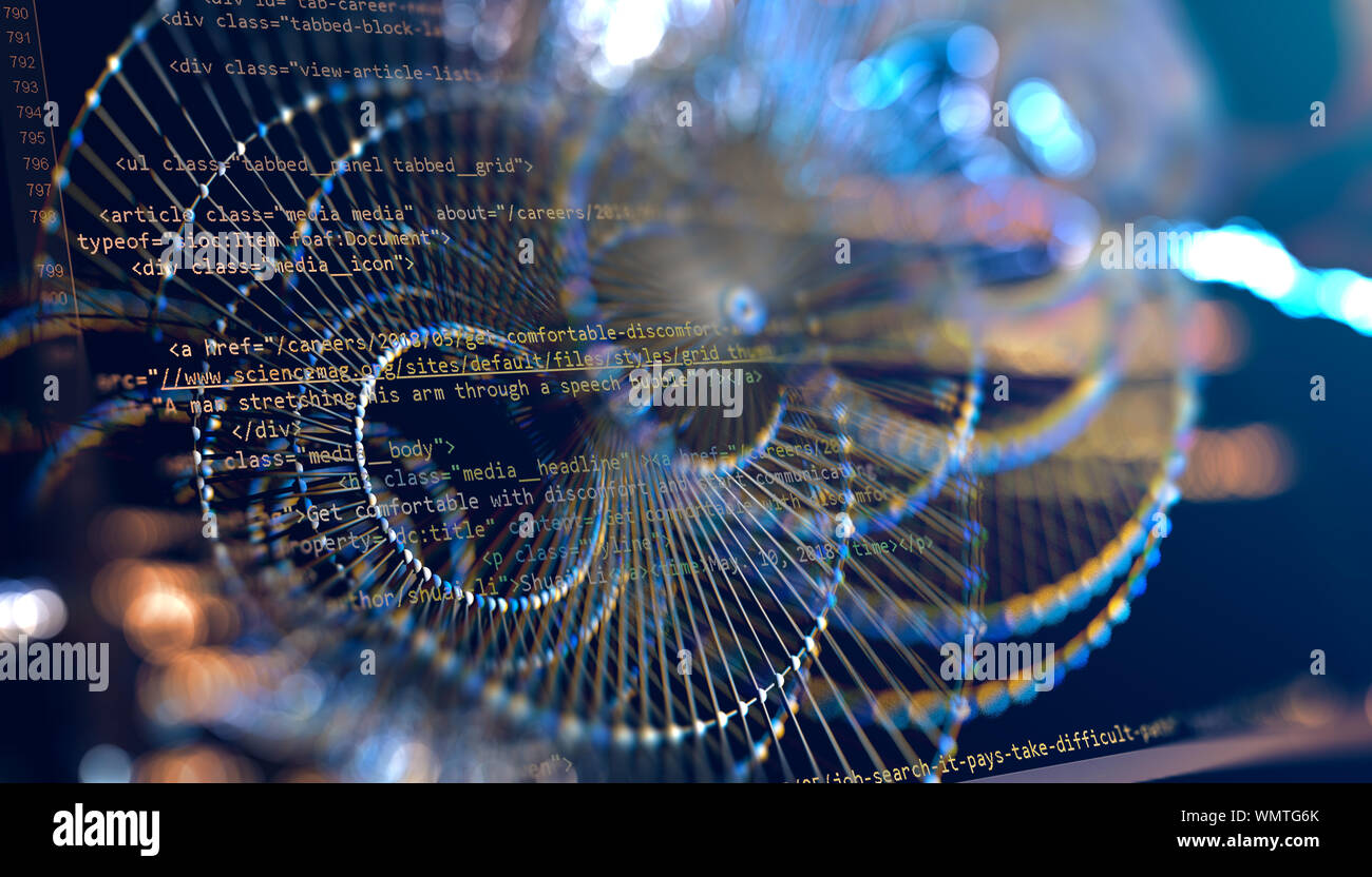 Blockkette und Technologie abstraktes Konzept.Polygonales Muster mit Punkten und Linien.Wissenschaft und Computer-Lernhintergrund.3d-Illustration Stockfoto