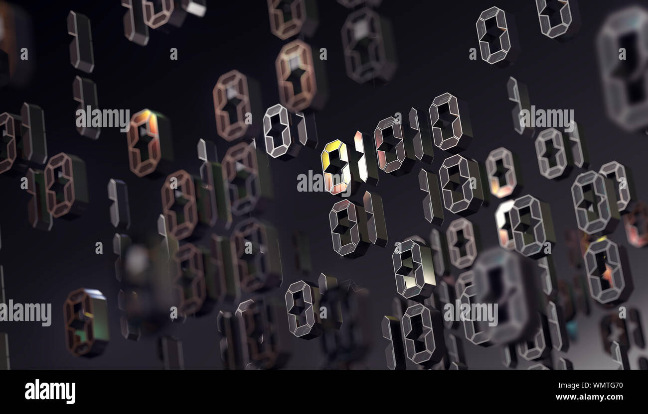 Binärer Code und Maschinendaten im Bildschirm.Technologie und Computing.Abstrakter 3d Hintergrund, Binärsprache und virtuelles Matrix-Konzept. Stockfoto