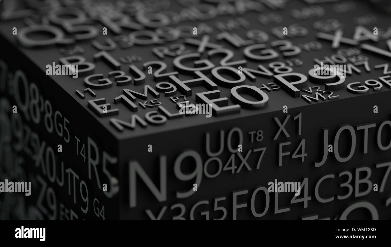 3D-Darstellung von Zahlen und Buchstaben in schwarz.Programmierung und Datensicherheit.Geheimcode- und Passwortkonzept. Stockfoto