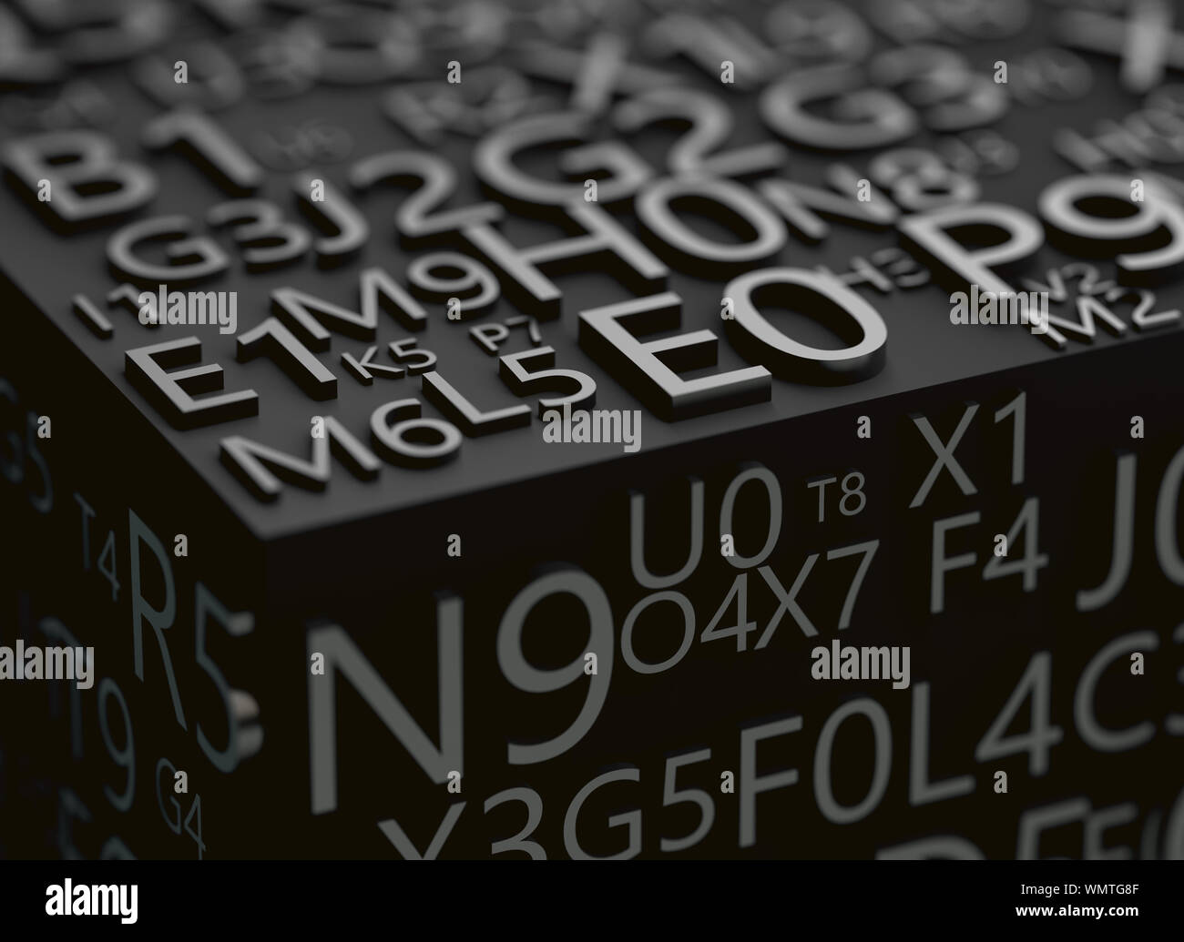 3D-Darstellung von Zahlen und Buchstaben in schwarz.Programmierung und Datensicherheit.Geheimcode- und Passwortkonzept. Stockfoto