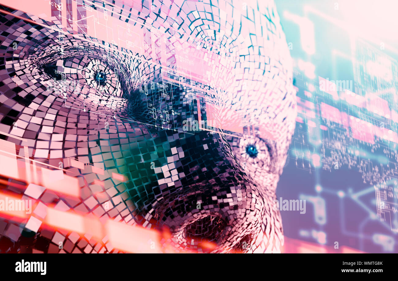 Abstrakter Hintergrund von Cyborg Gesicht und Technologie.Big Data und Lernmaschine.Algorithmusprogrammierung und künstliche Intelligenz Konzept.Biometrie. Stockfoto