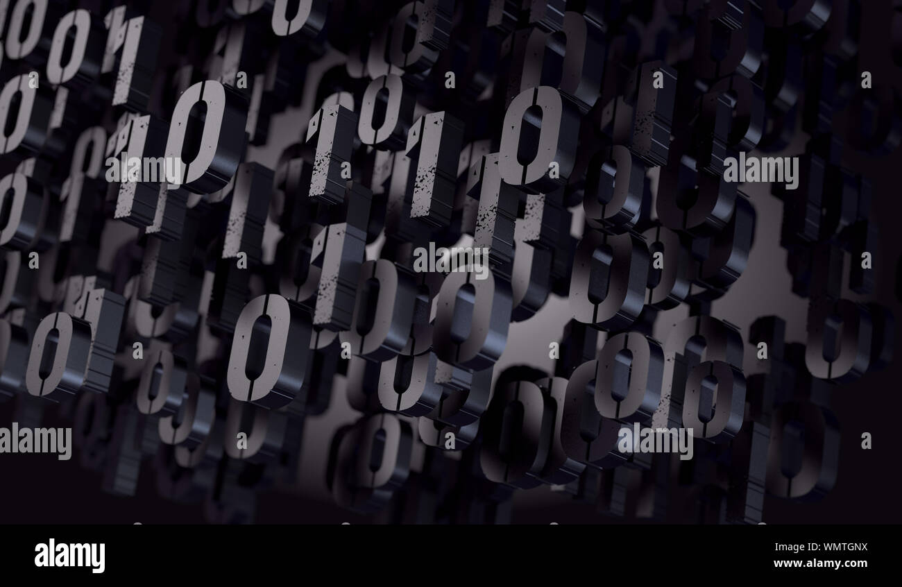 Binärer Code und Maschinendaten im Bildschirm.Technologie und Computing.Abstrakter 3d Hintergrund, Binärsprache und virtuelles Matrix-Konzept. Stockfoto