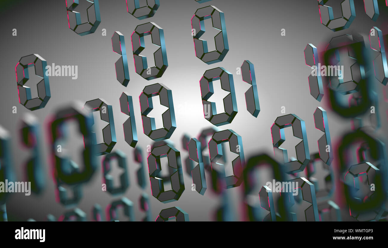 Binärer Code und Maschinendaten im Bildschirm.Technologie und Computing.Abstrakter 3d Hintergrund, Binärsprache und virtuelles Matrix-Konzept. Stockfoto