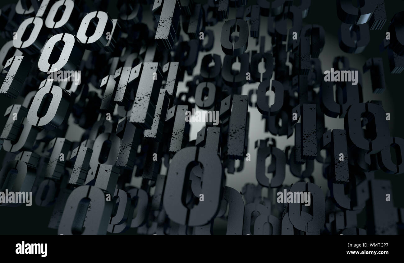 Binärer Code und Maschinendaten im Bildschirm.Technologie und Computing.Abstrakter 3d Hintergrund, Binärsprache und virtuelles Matrix-Konzept. Stockfoto