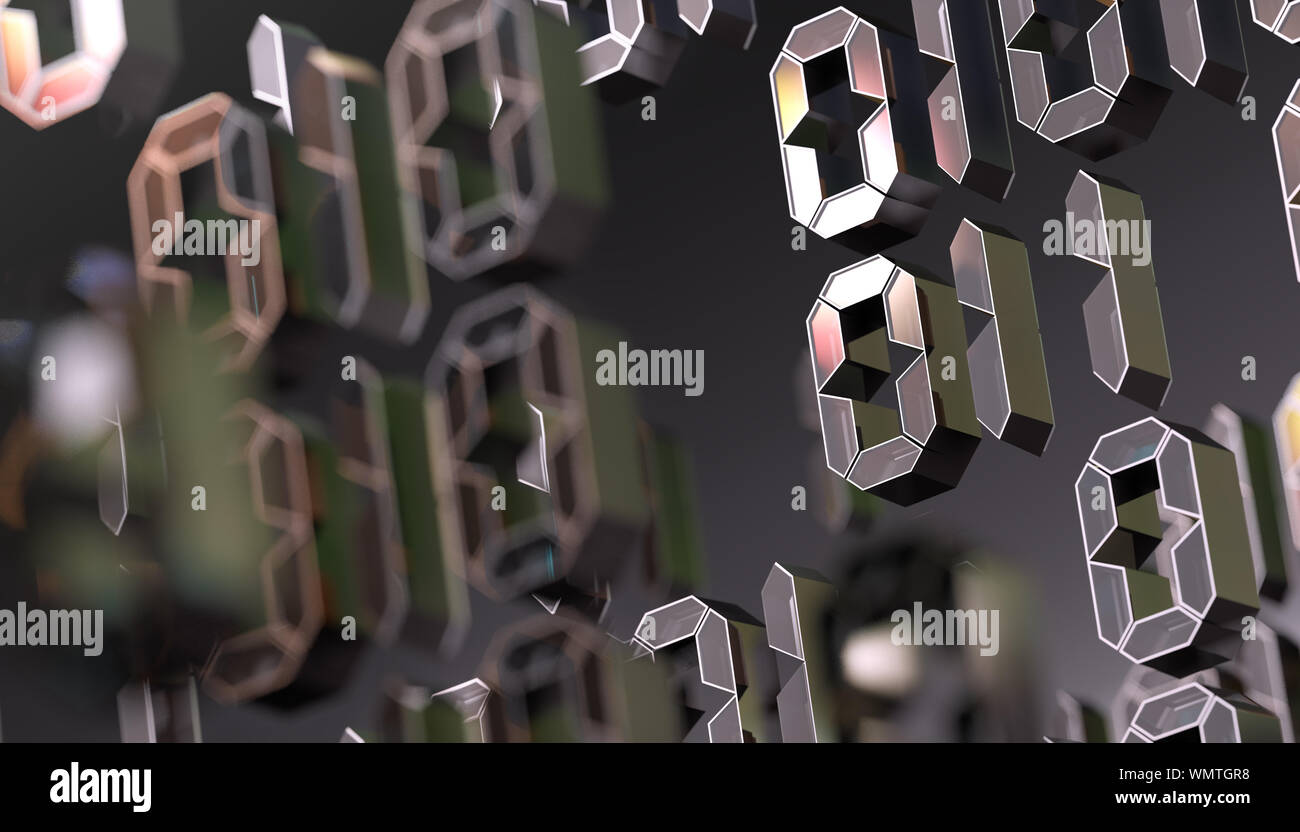 Binärer Code und Maschinendaten im Bildschirm.Technologie und Computing.Abstrakter 3d Hintergrund, Binärsprache und virtuelles Matrix-Konzept. Stockfoto