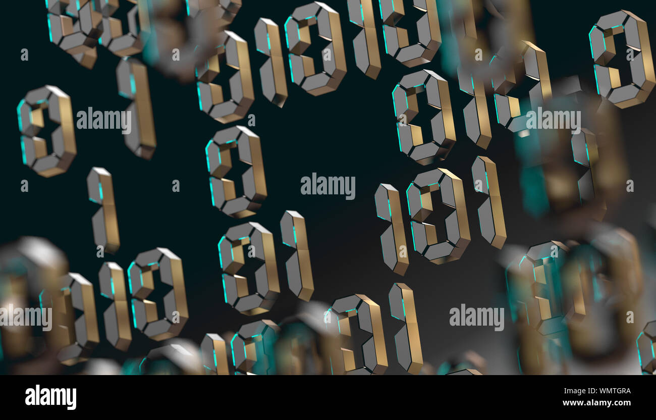 Binärer Code und Maschinendaten im Bildschirm.Technologie und Computing.Abstrakter 3d Hintergrund, Binärsprache und virtuelles Matrix-Konzept. Stockfoto