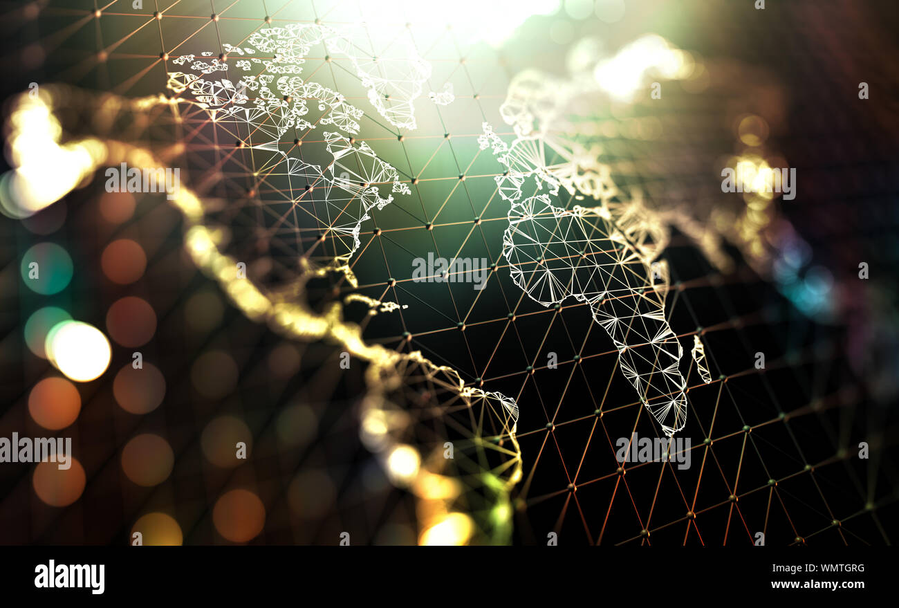 Logistik und internationale Sendungen. Unternehmenskommunikation auf der ganzen Welt. Big Data Management.3d Illustration.Weltkarte und Netzwerkkonzept Stockfoto