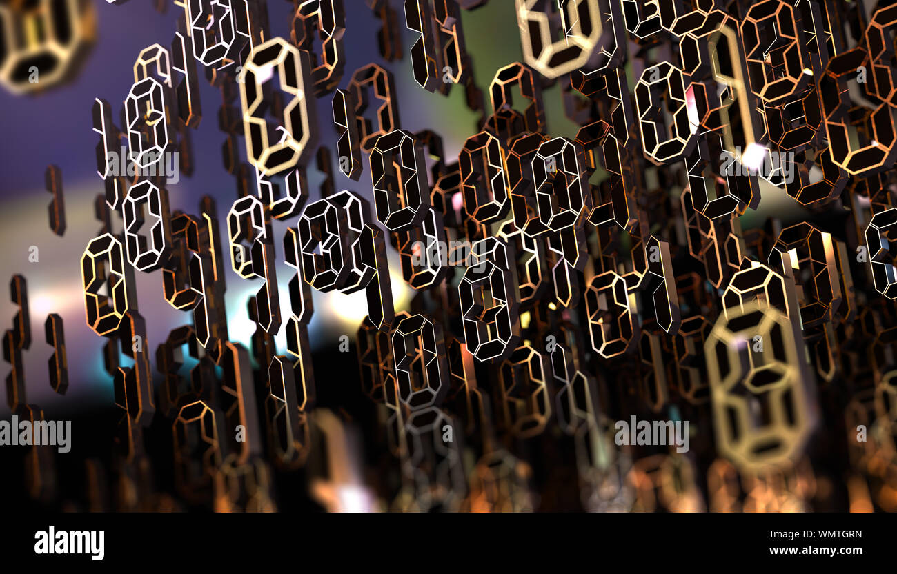 Binärer Code und Maschinendaten im Bildschirm.Technologie und Computing.Abstrakter 3d Hintergrund, Binärsprache und virtuelles Matrix-Konzept. Stockfoto