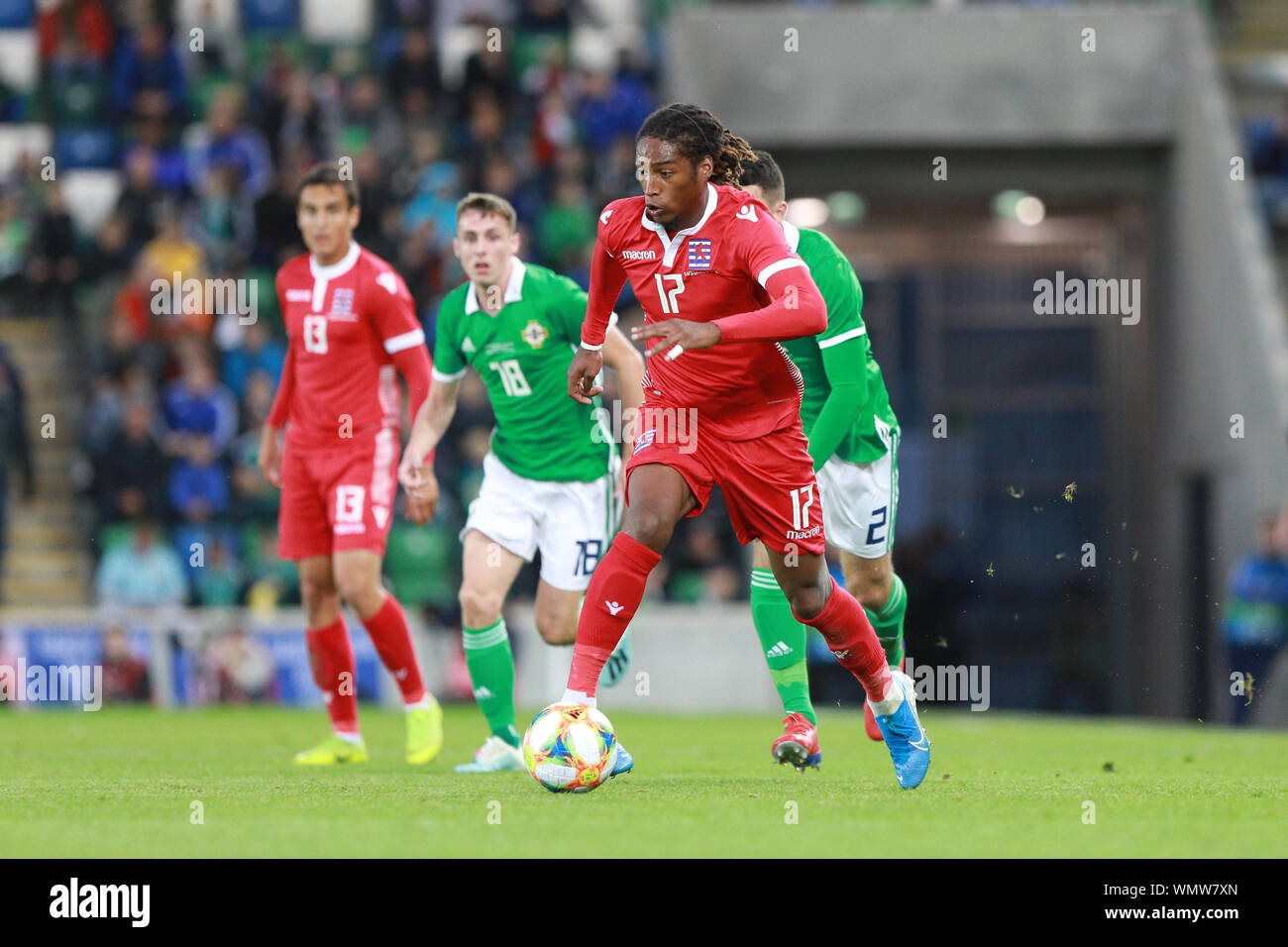 Belfast, Nordirland. 5. September 2019; Windsor Road, Belfast, County Antrim, Nordirland; Internationale Freundlich, Nordirland gegen Luxemburg; Gerson Rodrigues schiebt für Luxemburg - Nur die redaktionelle Nutzung. Credit: Aktion Plus Sport Bilder/Alamy leben Nachrichten Stockfoto