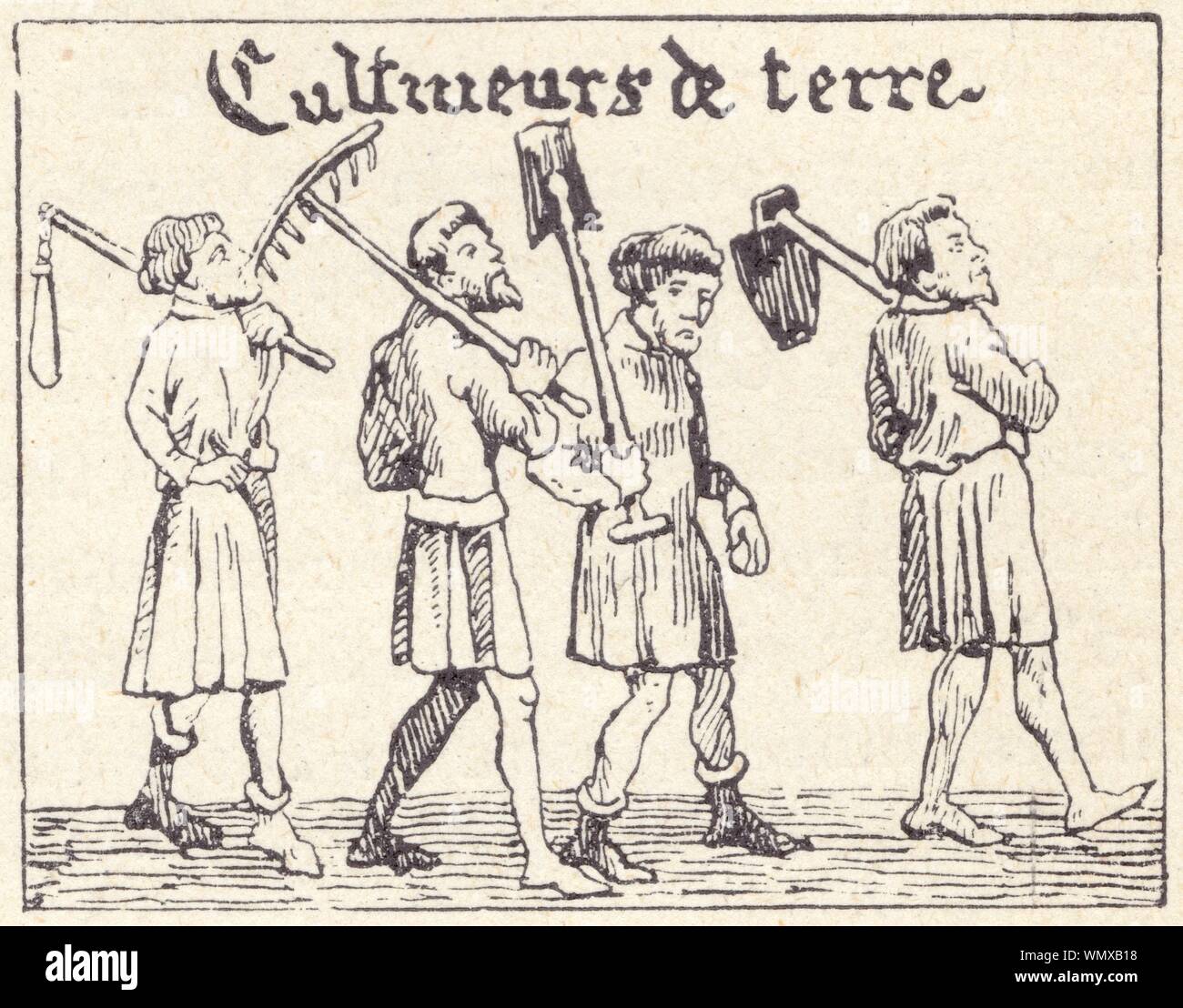 Paysans du XIV ème siècle. Miniature de manuscrit. Stockfoto