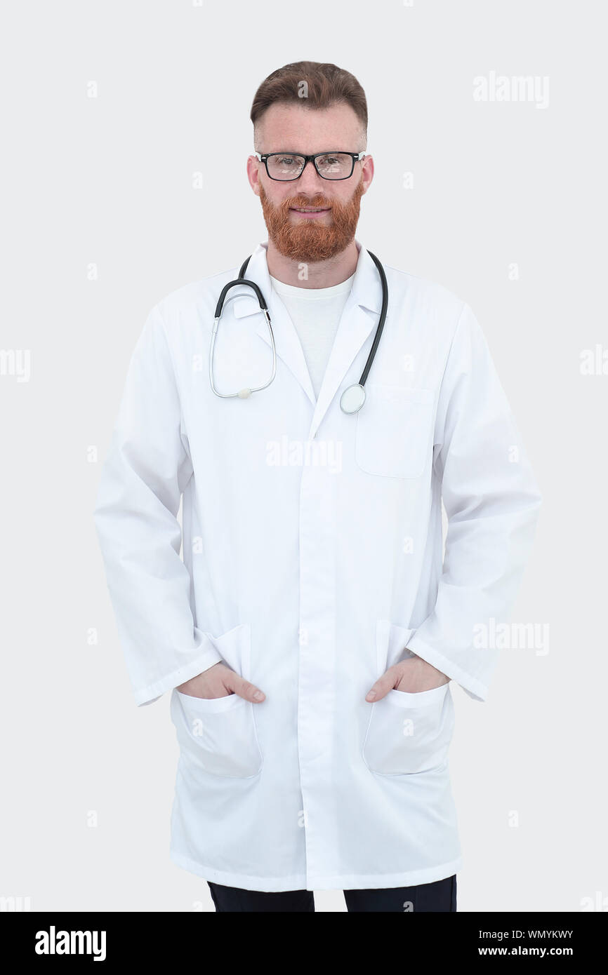 Männlicher Arzt mit Stethoskop. isoliert auf weißem Stockfoto