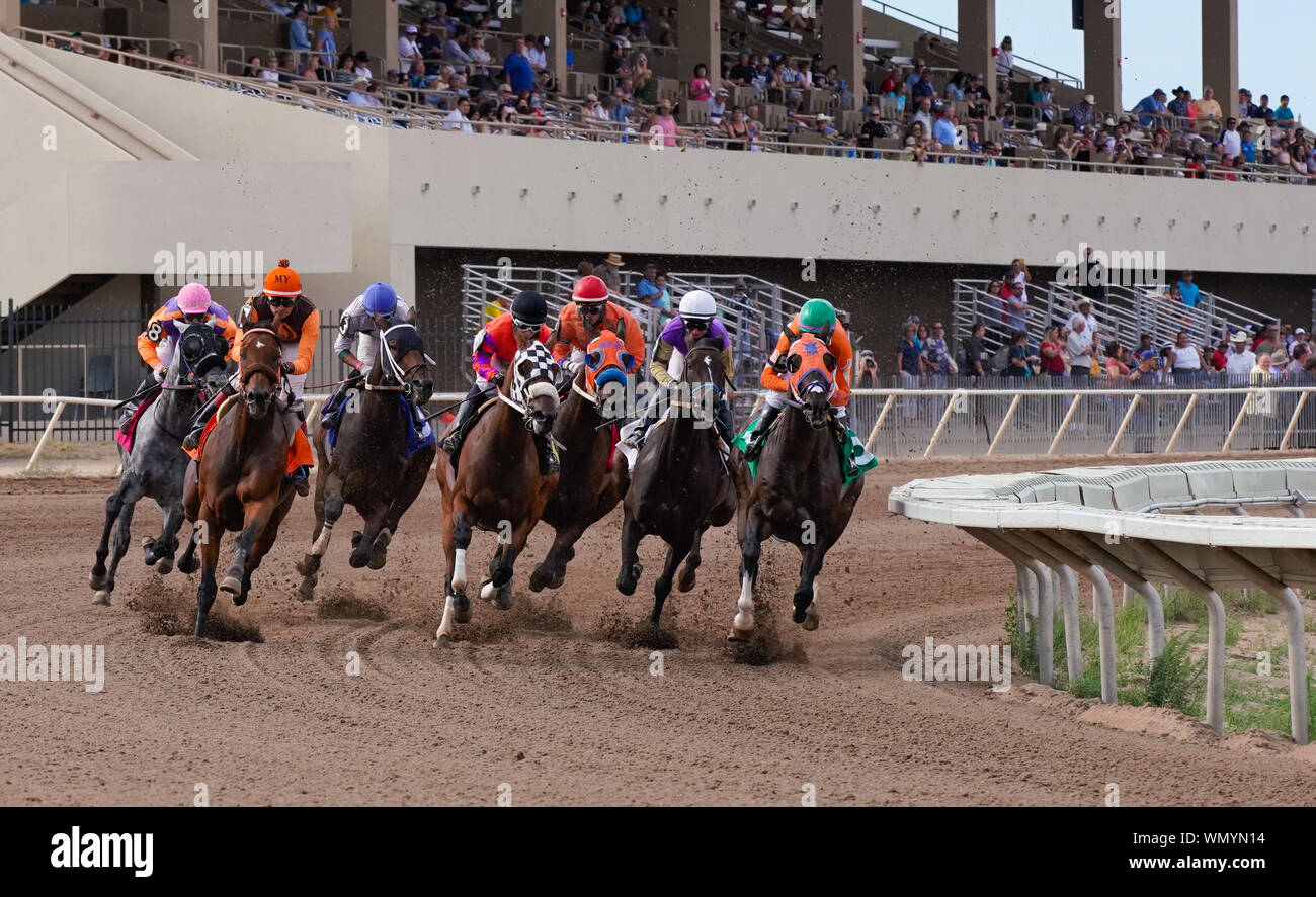 Pferde und Jockeys runden die ersten auf der Rennstrecke am Arizona Abstiege in Prescott, Arizona am September 1, 2019 biegen. Version 2 Stockfoto