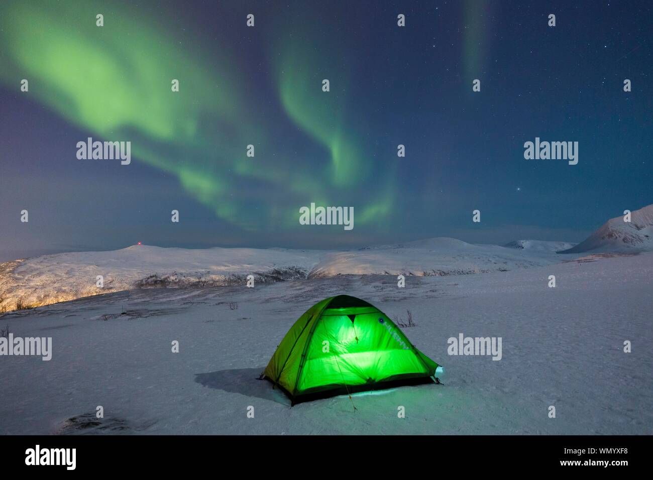 Grün leuchtende Zelt im Schnee und Aurora borealis über Fjellheisen, Tromso, Norwegen Stockfoto