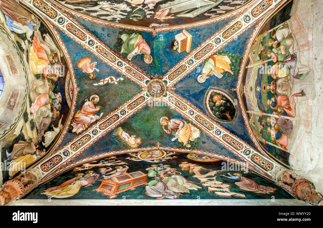 Dome und Wände mit Fresken von Jesu Geschichte, Cappella di Uguggione auch Cappella Contrari, C. 1425, Rocca di Vignola, Vignola, Provinz von Modena Stockfoto