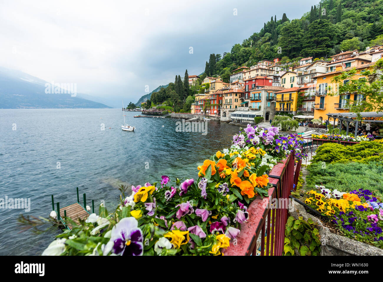 Blumen in der Stadt Varenna, Comer See, Italien Stockfoto