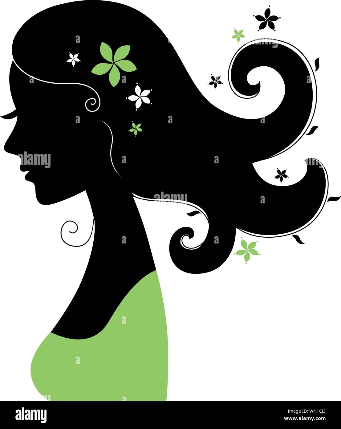 Schöne Frauen-Silhouette mit Blumen im Haar Stock Vektor