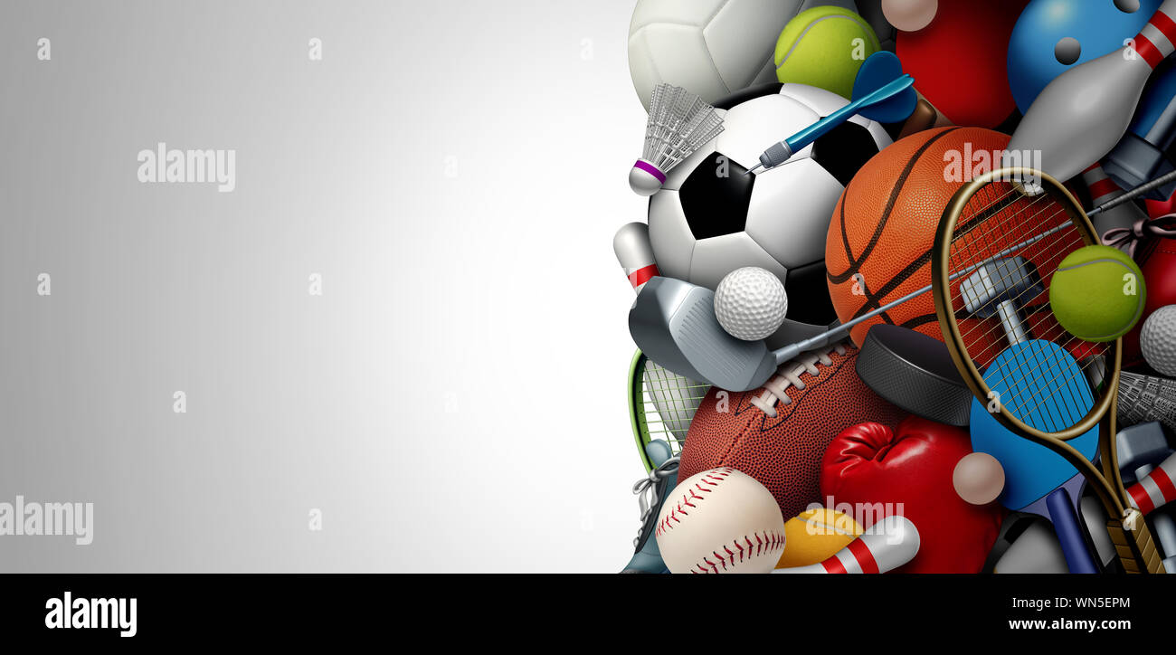 Sportgeräte Hintergrund mit einem Fußball Basketball Baseball Fussball Tennis und Golf ball Tischtennis Tennis hockey puck als gesund. Stockfoto