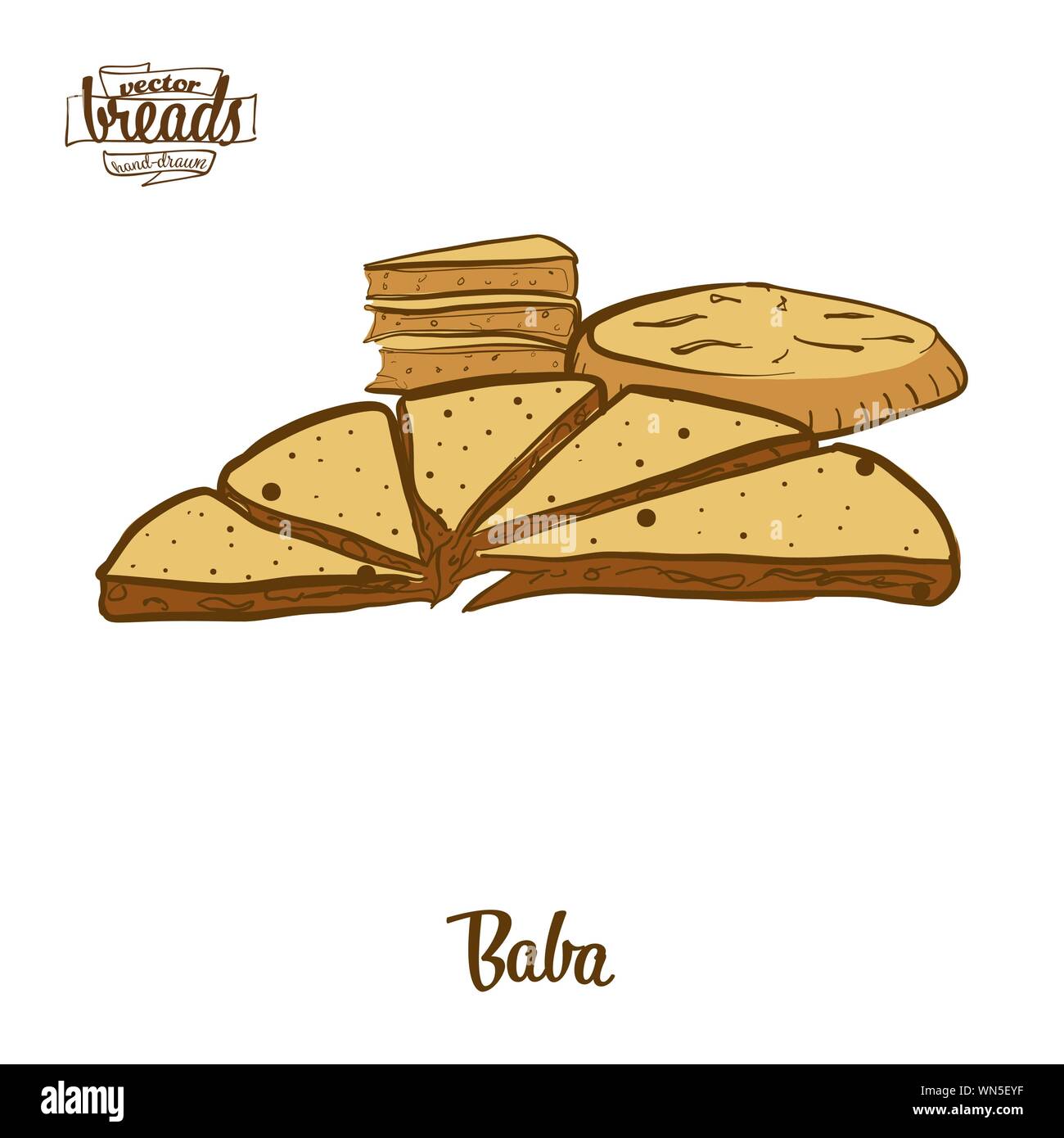 Farbige Zeichnung der Baba Brot. Vector Illustration verschiedener Dicke, runde Brot essen, in der Regel in China, Yunnan, naxi bekannt, Menschen. Farbige Brot sk Stock Vektor