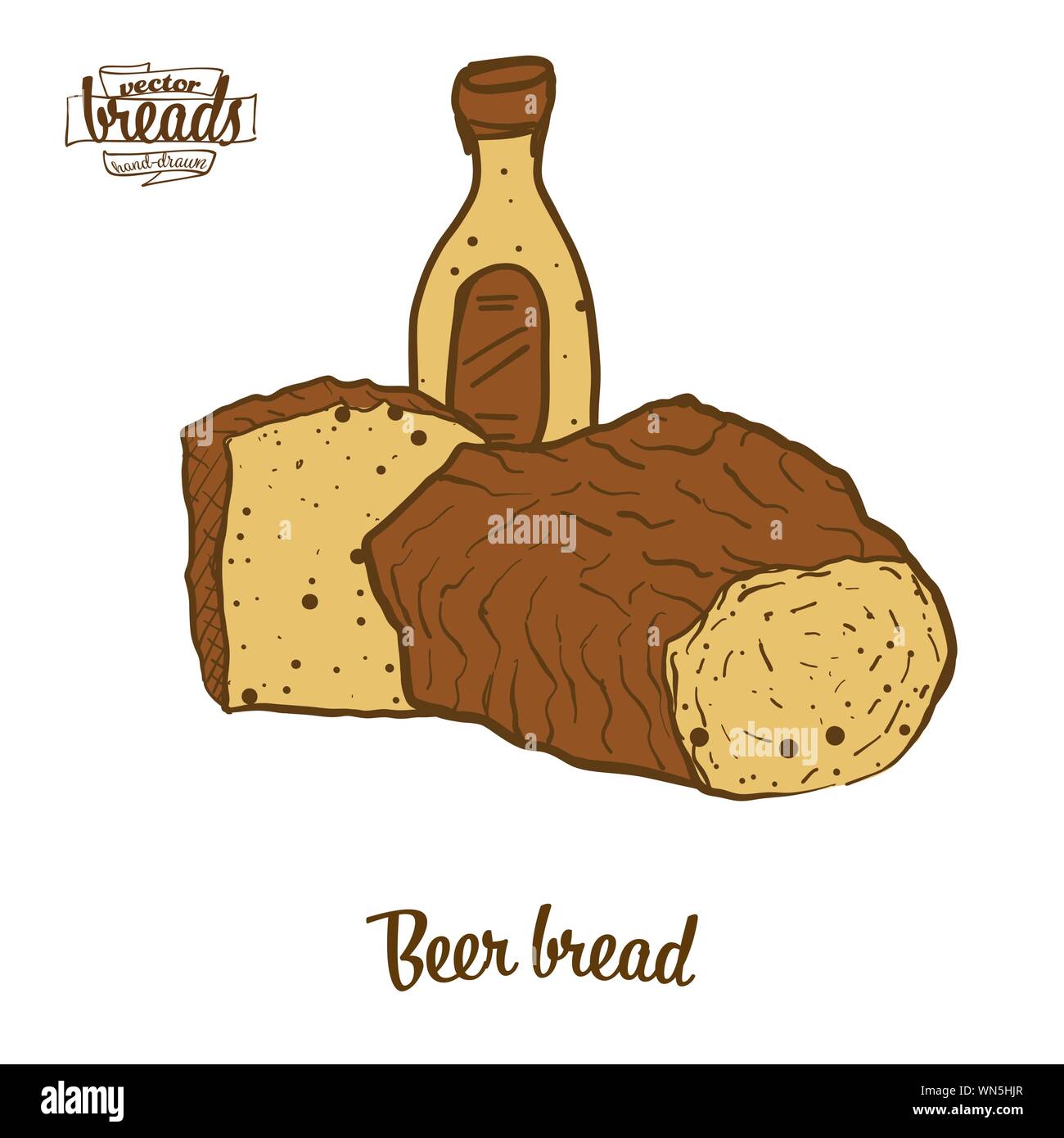 Farbige Zeichnung von Bier Brot Brot. Vector Illustration von Hefe Brot essen, meist in Europa, in den USA bekannt. Farbige Brot Skizzen. Stock Vektor