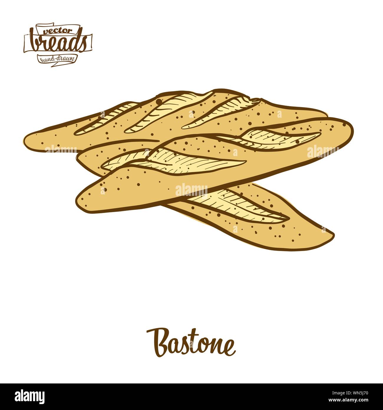 Farbige Zeichnung der Bastone Brot. Vector Illustration von Hefe Brot essen, in der Regel in Italien bekannt. Farbige Brot Skizzen. Stock Vektor