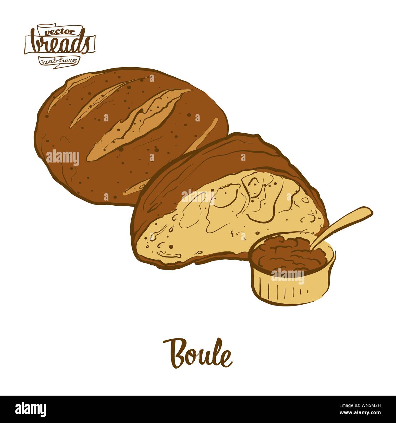 Farbige Zeichnung der Boule Brot. Vector Illustration von Hefe Brot essen, in der Regel in Frankreich bekannt. Farbige Brot Skizzen. Stock Vektor