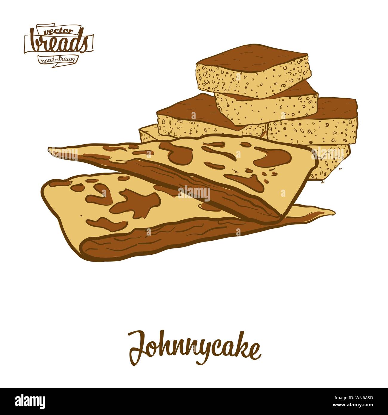 Farbige Zeichnung der Johnnycake Brot. Vector Illustration von Fladenbrot Essen, in der Regel in Nordamerika bekannt. Farbige Brot Skizzen. Stock Vektor