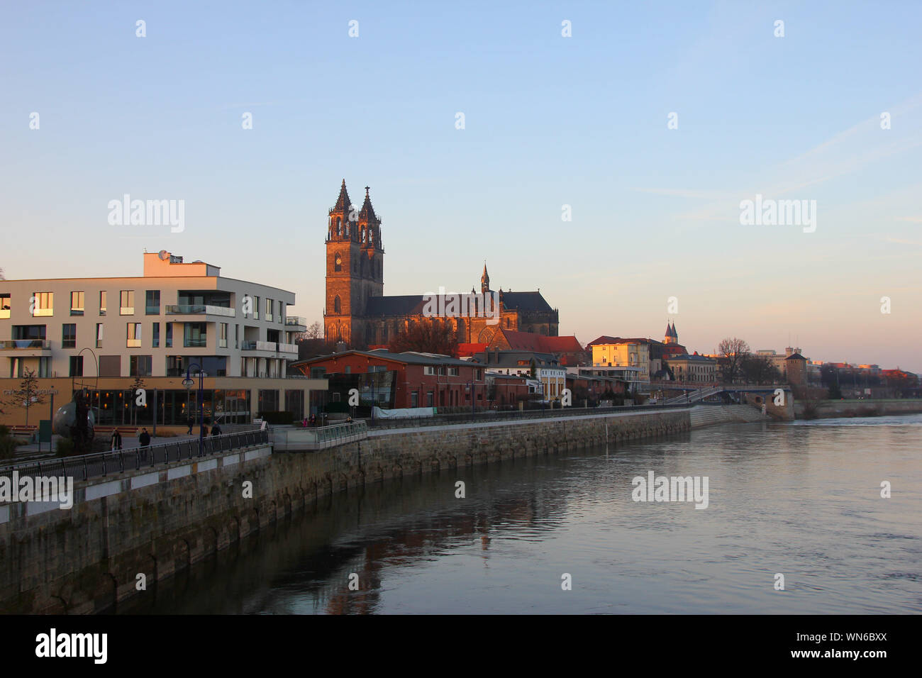 Blick auf den Fluss mit Magdeburger Dom im Hintergrund Stockfoto