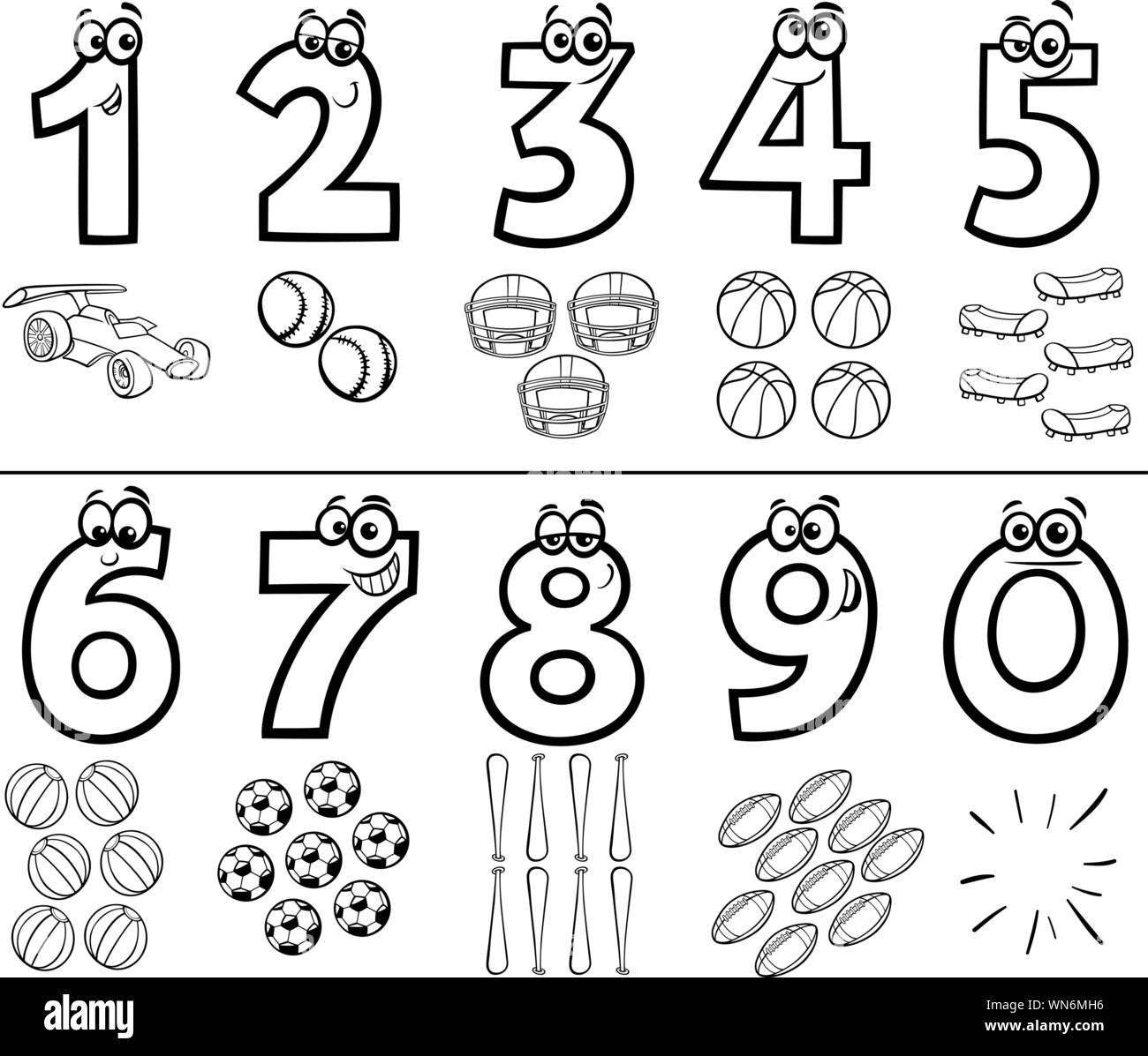 Schwarze und Weiße Cartoon Illustration von Bildungs- Zahlen von Eins bis Neun mit Sport Objekte Malbuch Stock Vektor